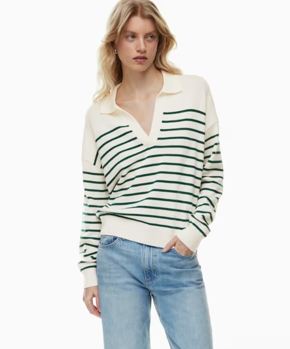 Aritzia Wilfred Clara Sweater Merino Wool Cotton Polo Cream Green Stripe XL